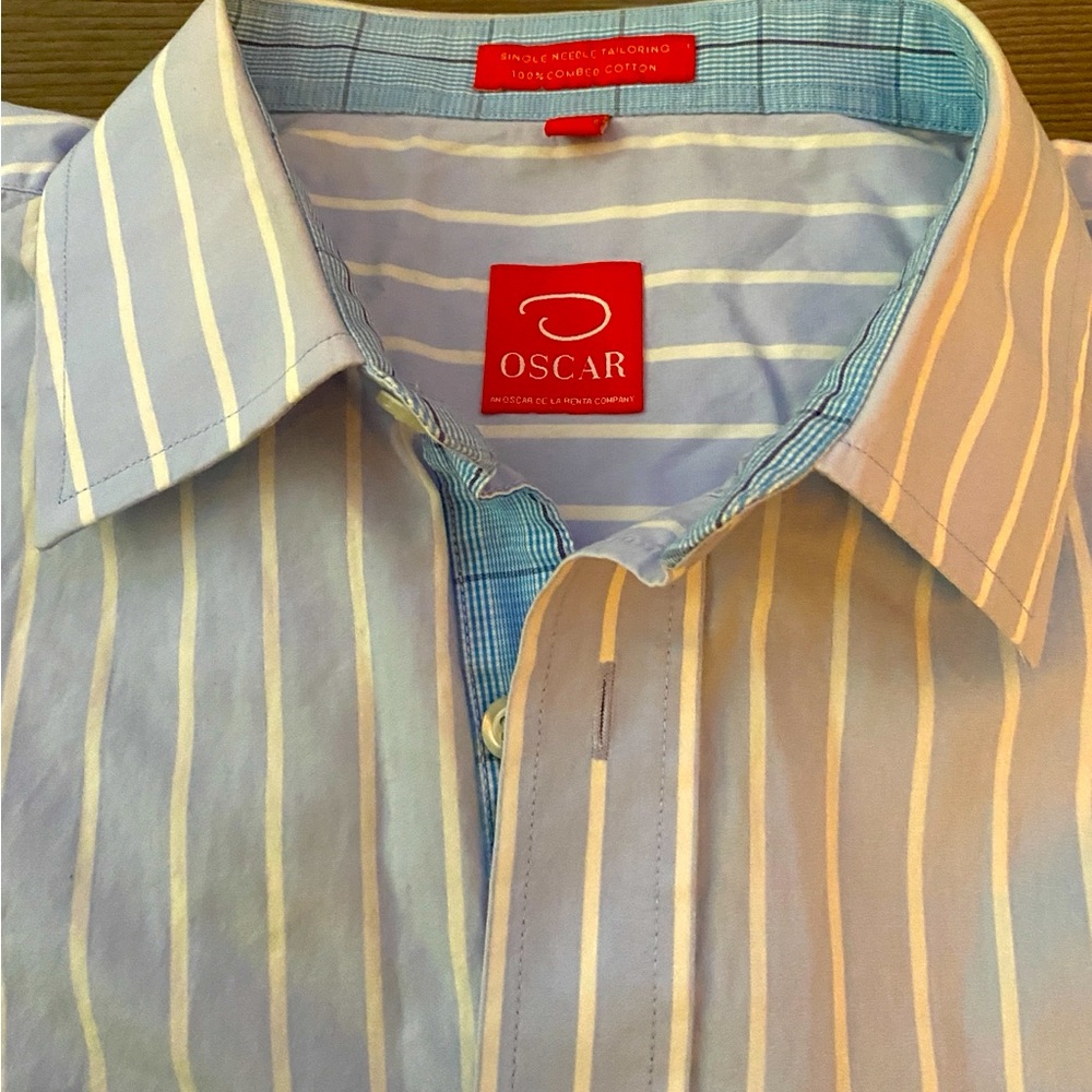 OSCAR DE LA RENTA  Blue & White Stripes Single Needle Long Sleeve Men’s Shirt L